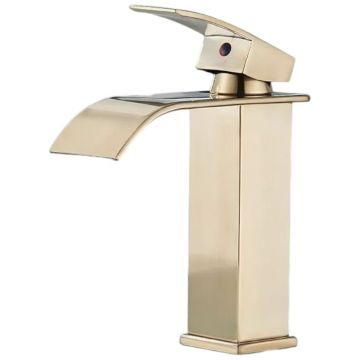 Baterie Chiuveta Lavoar Baie BisDesign , Pipa Tip Cascada, Stil Patrat, Finisaj Auriu Mat Periat, Dimensiune 19 cm