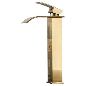 Baterie Chiuveta Lavoar Baie BisDesign , Pipa Tip Cascada, Stil Patrat, Finisaj Auriu Mat Periat, Dimensiune 27 cm