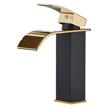 Baterie Chiuveta Lavoar Baie BisDesign , Pipa Tip Cascada, Stil Patrat, Finisaj Negru Auriu, Dimensiune 19 cm