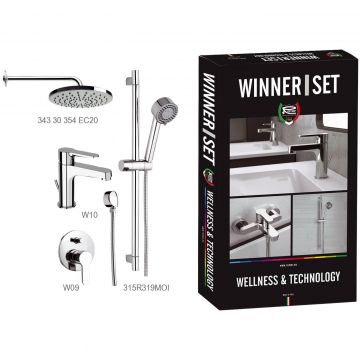 Set dus incastrat Remer Rubinetterie Winner W0910315RMOI, Anti-calcar, 4 functii, palarie dus 20 cm, cartus ceramic, alama cromata