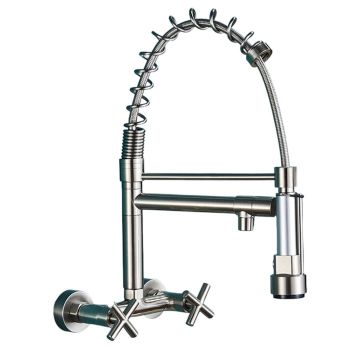 Baterie Chiuveta Bucatarie BisDesign , Montaj Perete cu 2 Moduri de Curgere, Dus Extractabil Tip Profesional, Finisaj Crom Nickelat, Dimensiune 44 cm