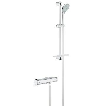 Sistem de dus cu termostat Grohe Grohtherm 2000, montare aparenta, 3 functii, para dus inclusa, brat ajustabil, etajera, anti-calcar, crom - 34195001